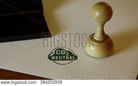 Co2 Carbon Neutral Emission Stamp And Stamping Hand. Ecology, Nature Friendly, Climate Change, Green