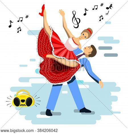 A Couple Dancing A Ballroom Dance. The Man Lifted The Girl Into His Arms. Retro Dance. Vector. Rock 