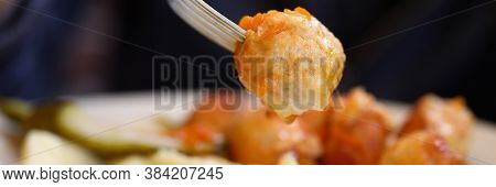 Dish Of Meatballs Mashed Potatoes And Pickles. Healthy Living Everyday Concept