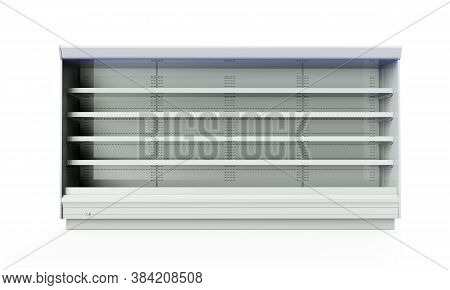 Empty Store Shelves. Retail Shelf Rack. Showcase Display. Mockup Template Ready For Design. 3d Rende