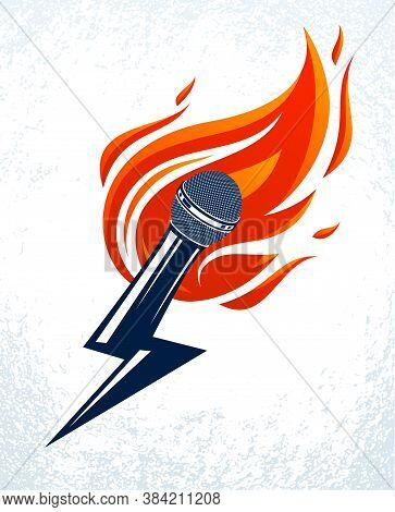 Microphone On Fire And Shape Of Lightning, Hot Mic In Flames And Bolt, Breaking News Concept, Rap Ba
