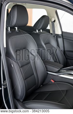 Russia, Izhevsk - August 14, 2020: Geely Showroom. Black Leather Passenger And Driver Seats Inside A