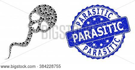 Parasitic Textured Round Seal And Vector Recursive Collage Dead Sperm. Blue Seal Contains Parasitic 