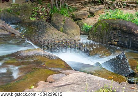 Kbal Spean Waterfall The Mystery Place Of Ancient Khmer Empire On Kulen Mountain Range In Siem Reap,