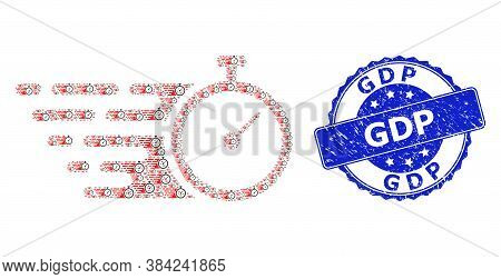 Gdp Dirty Round Stamp And Vector Recursive Mosaic Time Tracker. Blue Seal Has Gdp Caption Inside Rou