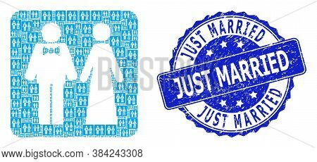 Just Married Grunge Round Stamp Seal And Vector Recursive Composition Just Married Persons. Blue Sta