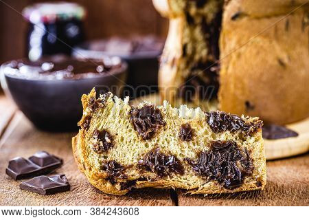 Slice Of Panettone, With Homemade Chocolate Chips. Typical Christmas Cake, Also Called Chocotone