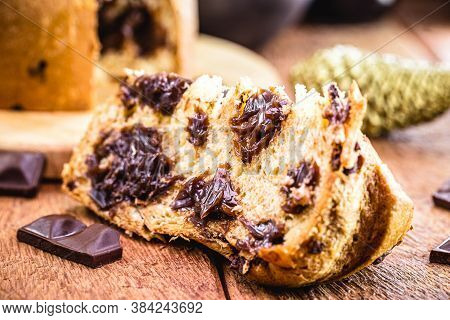 Slice Of Panettone, With Homemade Chocolate Chips. Typical Christmas Cake, Also Called Chocotone
