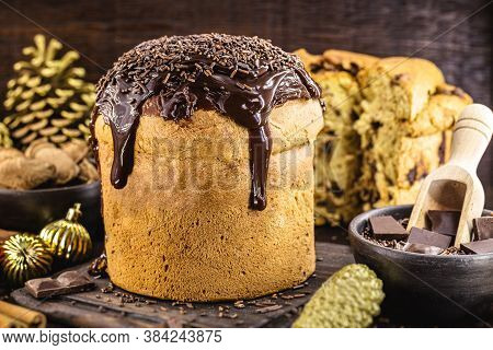 Homemade Panettone Covered In Chocolate And Sprinkles, Called Chocotone. Christmas Bread Served As D
