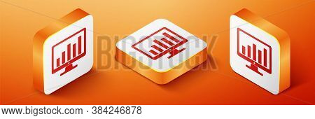Isometric Computer Screen With Financial Charts And Graphs Icon Isolated On Orange Background. Chart
