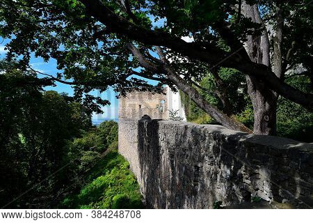 View Of A Wall Of Ruins Hidden In The Greenery Of Treetops Evoking Romantic Memories Of The Past