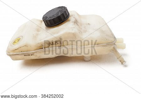 Coolant Expansion Tank White On An Isolated Background With Blackdetails. A Unit Of A Liquid Cooling