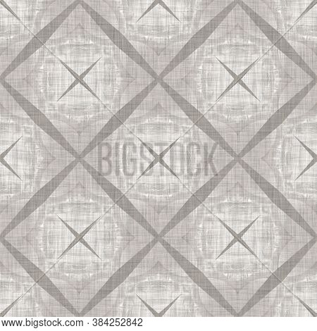 French Woven Linen Texture Geometric Shape Background. Old Ecru Flax Grey Geo Motif Seamless Pattern