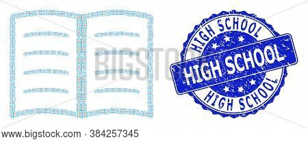 High School Corroded Round Seal And Vector Recursive Mosaic Open Book. Blue Stamp Seal Includes High