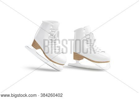 Blank White Ice Skates Mockup On Tiptoe, Half-turned View., 3d Rendering. Empty Footwear With Lace F