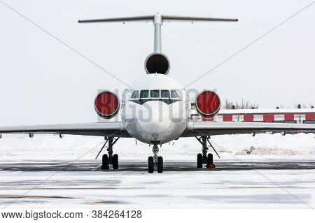 Close Up Of Passenger Airplane At The Winter Airport
