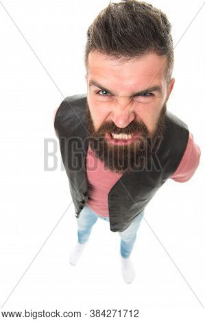 Extremely Mad. Man Aggressive Face Expression Stand White Background. Stressful Day. Stressful Male 