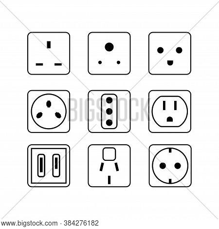 Simple Line Vector Electric Socket In Flat. Set Icon Illustration.