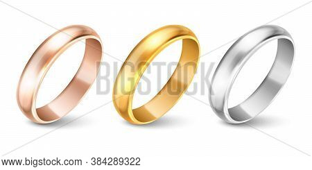 Vector 3d Realistic Gold And Silver Metal Wedding Ring Icon Set Closeup Isolated On White Background