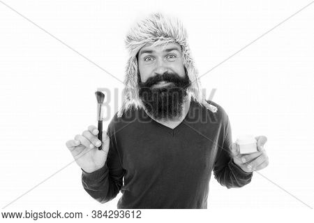 Man Bearded Fashion Stylist Wear Hat Hold Brush For Applying Makeup. Eccentric Guy With Beard. Makeu