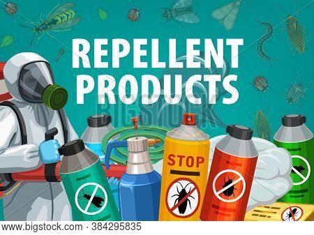 Disinsection, Insect Control With Repellent Products Vector Poster. Worker Spraying Insecticide With