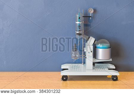 Rotary Evaporator On The Wooden Table. 3d Rendering