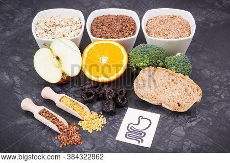 Beneficial Nutirious Eating For Digestive System. Healthy Ingredients Containing Natural Vitamins An