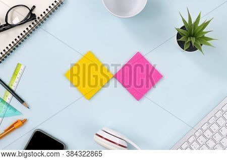 2 Stick Note Or Note Pad And Office Supplies As Keyboard,pen,pencil,office Plants,notebook,glasses,s