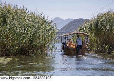 Lake Skadar, Montenegro - August 02, 2017: A Pleasure Boat Goes Through The Backwaters Of Lake Skada