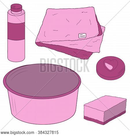 Set Of Pink Accessories For Taking A Bath And Cleaning