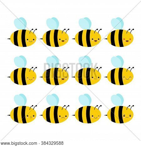 Set Of Emotions Of Cute Bees In A Flat Style Isolated On White Background. Stock Vector Illustration