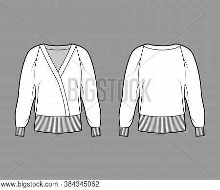Wrap-effect Sweater Technical Fashion Illustration With Relaxed Fit, Long Sleeves, Ribbed Trims. Fla