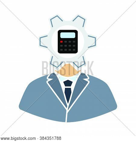Analyst With Gear Hed And Calculator Inside Icon. Flat Color Design. Vector Illustration.