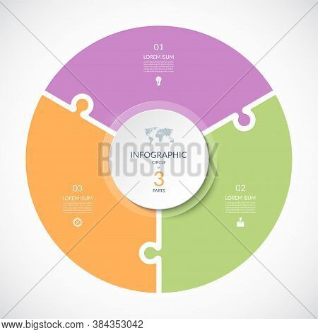 Vector Infographic Puzzle Circular Template. Cycle Diagram With 3 Parts, Options. Can Be Used For Ch
