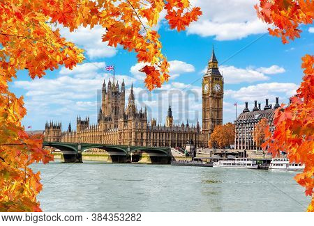 Big Ben Tower With Houses Of Parliament And Westminster Bridge In Autumn, London, Uk