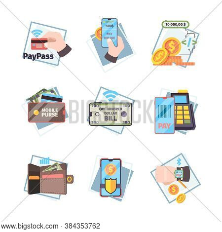 Online Payment Icons. Nfc Innovative Mobile Transaction Internet Banking Cards Money Vector Concept 