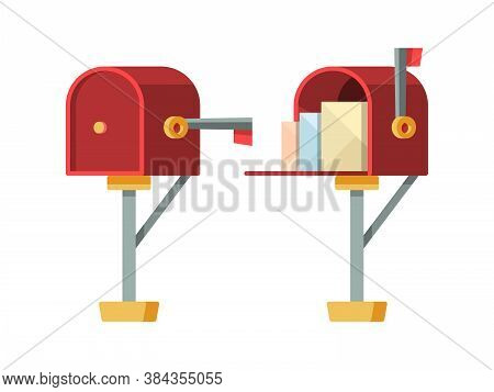 Open Mailbox. Post Letterbox With Envelopes Vector Isolated Containers. Container Post For Mail And 