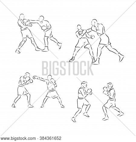 Boxing. Boxers Fight Duel Isolated On A White Background. Black And White Graphics. Vector Illustrat
