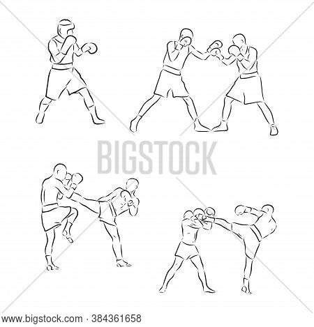 Boxing. Boxers Fight Duel Isolated On A White Background. Black And White Graphics. Vector Illustrat