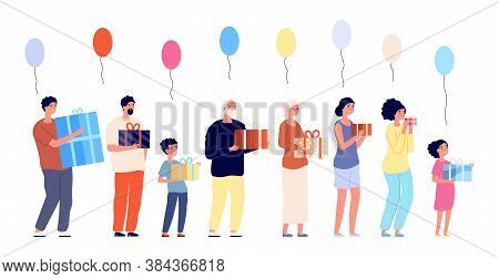 Happy People With Gifts. Decorations, Celebrating Characters Holding Presents. Laughing Group, Festi