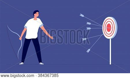 Arrow Past Target. Upset Man, Business Failure Metaphor. Bad Startup, Fail Investments Or Financial 