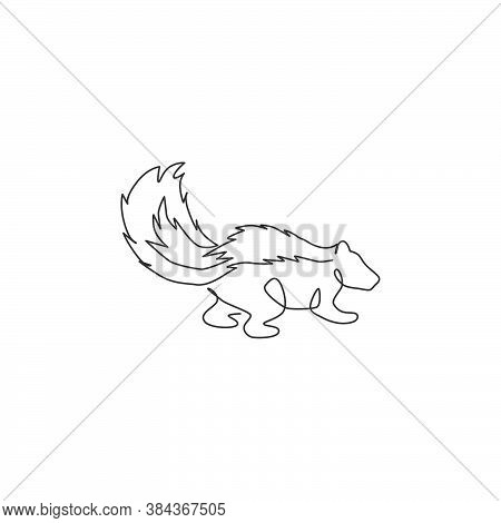 One Single Line Drawing Of Adorable Striped Skunk For Company Logo Identity. Sprayer Liquid With Sti