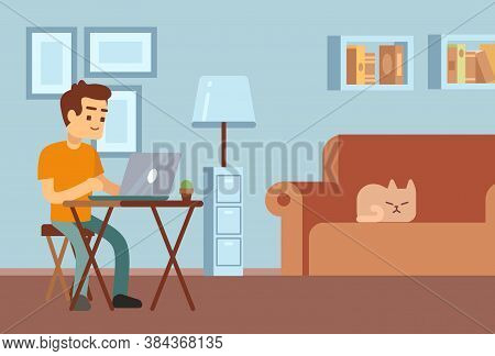 Remote Work. Freelance, Distance Learning. Young Man Sitting At Desk With Laptop. Student Or Manager
