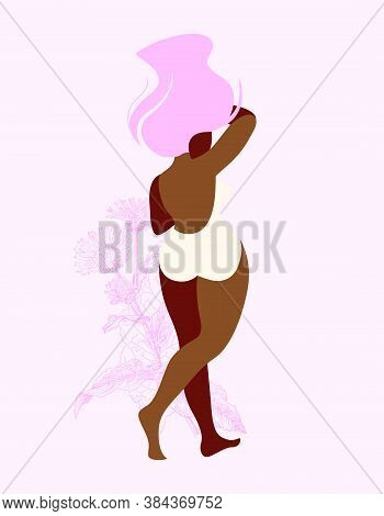 Beautiful Young Dark Skinned Girl With Pink Hair Stands With Her Back. Body Positive Lady Isolated W