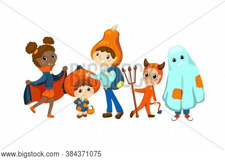 Happy Kids In Halloween Costume Vector Illustration On White Background. Children Friends Dressed Fo