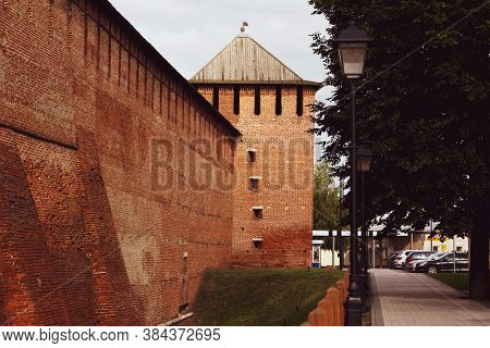 Russia, Kolomna, August 2020: Brick Wall Of The Kremlin In Kolomna