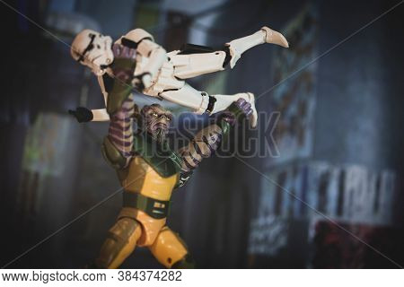 SEPTEMBER 6 2020: Scene from Star Wars Rebels with Garazeb Zeb Orrelios battling Imperial Stormtroopers on Lothal - Hasbro action figures