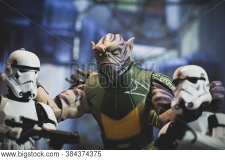 SEPTEMBER 6 2020: Scene from Star Wars Rebels with Garazeb Zeb Orrelios battling Imperial Stormtroopers on Lothal - Hasbro action figures