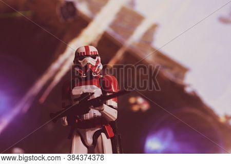 SEPTEMBER 7 2020: Battlefront 2 Galactic Imperial Shock Trooper Stormtrooper in a battle scene  - Hasbro action figure