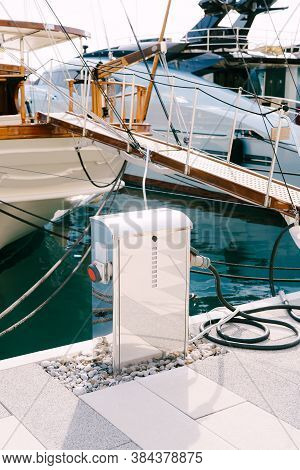 Chrome Plated Cabinet For Marina Refueling And Water Replenishment. Refueling And Charging Of Yachts